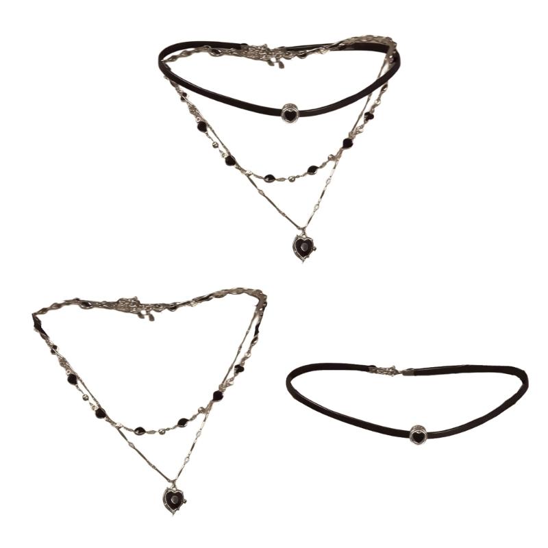 Sweet Cool Aesthetic Stackable Black Rope Necklace with Alloy Heart Charm for Layer Look Enthusiasts