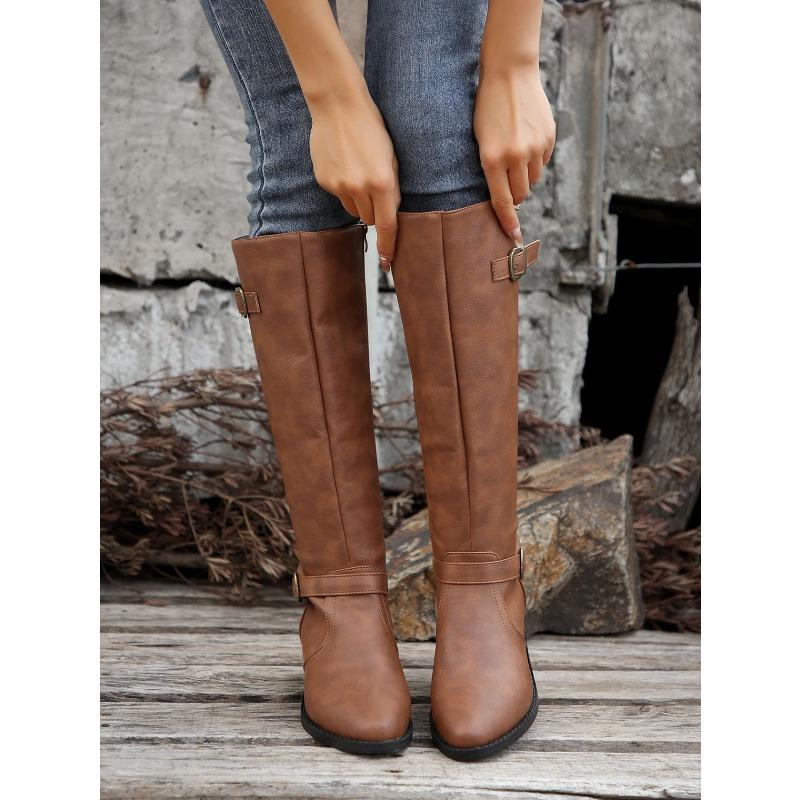 Pointed Buckle Knight Boots Winter 2025 New Plus Size Vintage Block Heel Boots