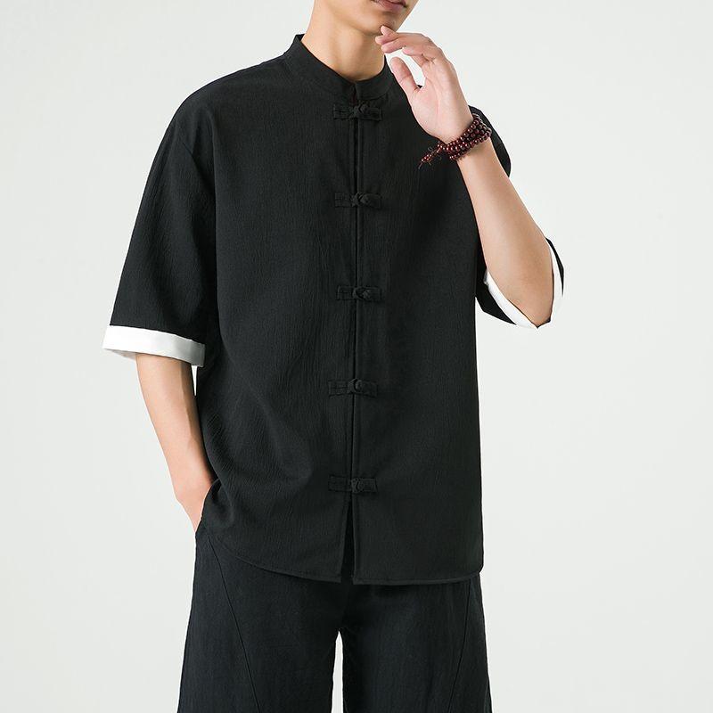 Chinese Style Tang Style Linen Short Sleeved Shirt  Men  Summer Thin Design  Stand Up Collar Buckle Youth Five Quarter Sleeved Shirt