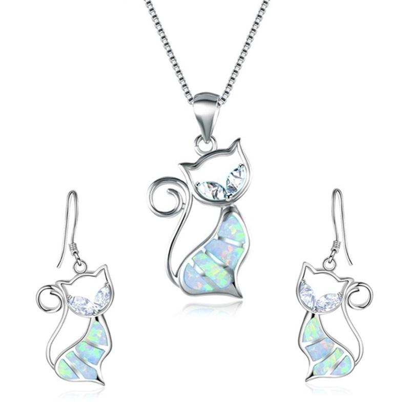 Moda Animal Fofo Conjunto Para Mulheres Imitação Opala de Fogo Azul Pingente Colar Conjunto de Brincos Mulheres Gato Festa de Casamento