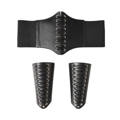 Men Medieval Faux Leather Lace-up Waist Cincher And Wrist Guards For Halloween Cosplay Larp Black Brown Accessories