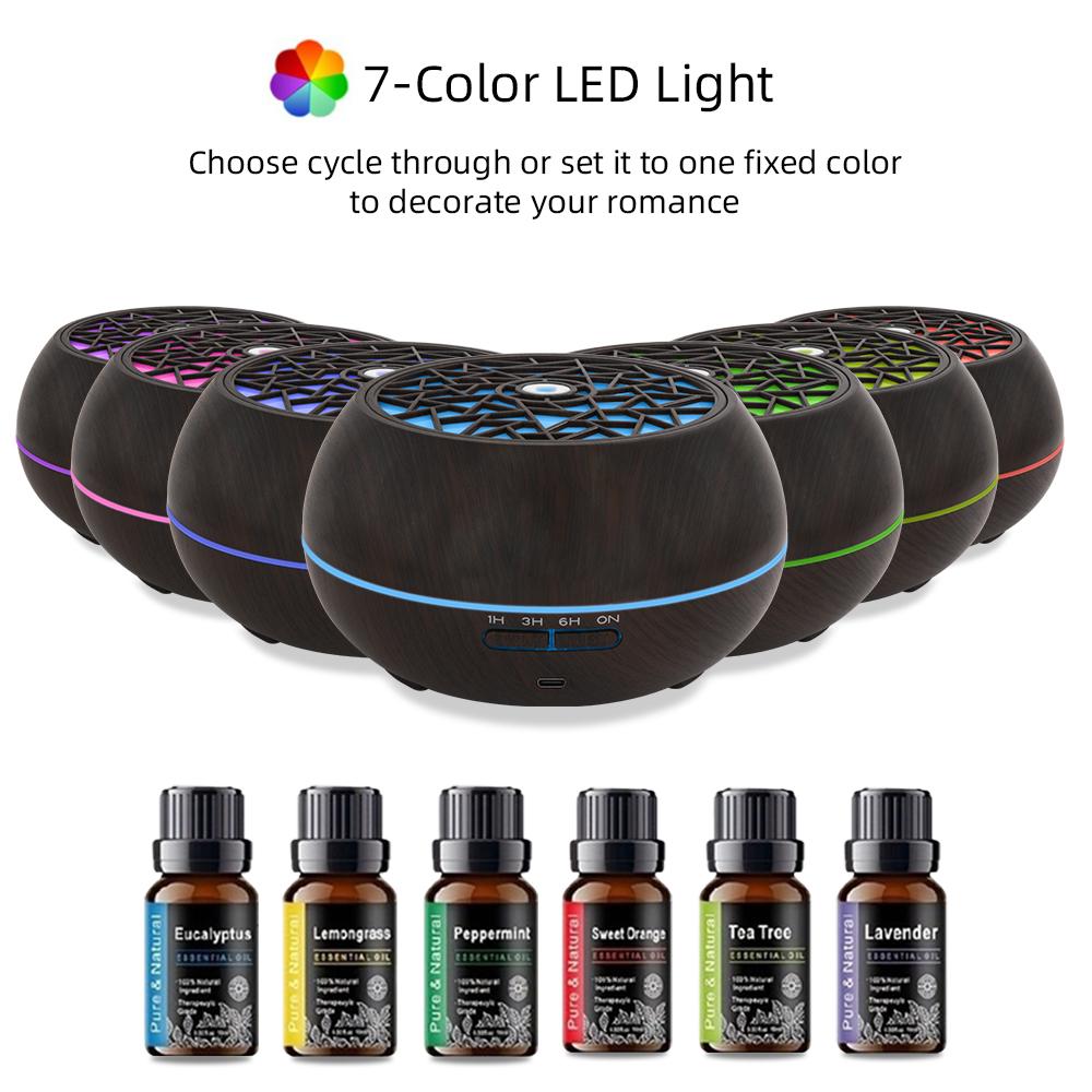 Diffuseur d'Huiles Essentielles et Humidificateur d'Air 550ml Grande Pièce avec 6 Huiles Premium, Télécommande, Lumière LED 7 Couleurs, Minuterie Automatique - Pe
