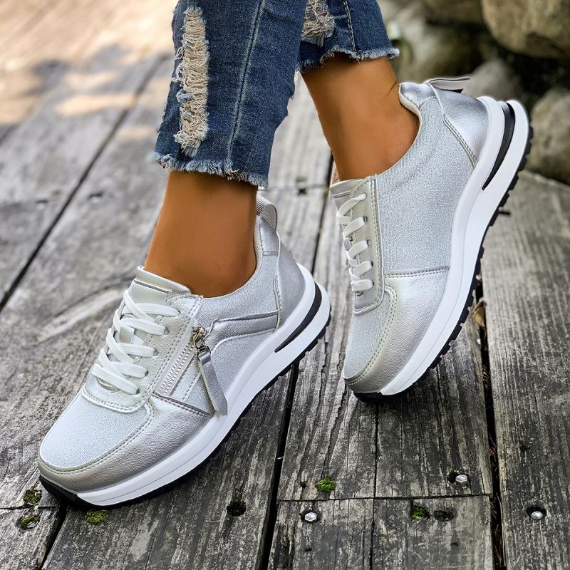 Casual Breathable Mesh Lace Up Sports Sneakers Women 2025 Autumn Fashion Zip Decoration Running Shoes Soft Wedge Heel Sneakers