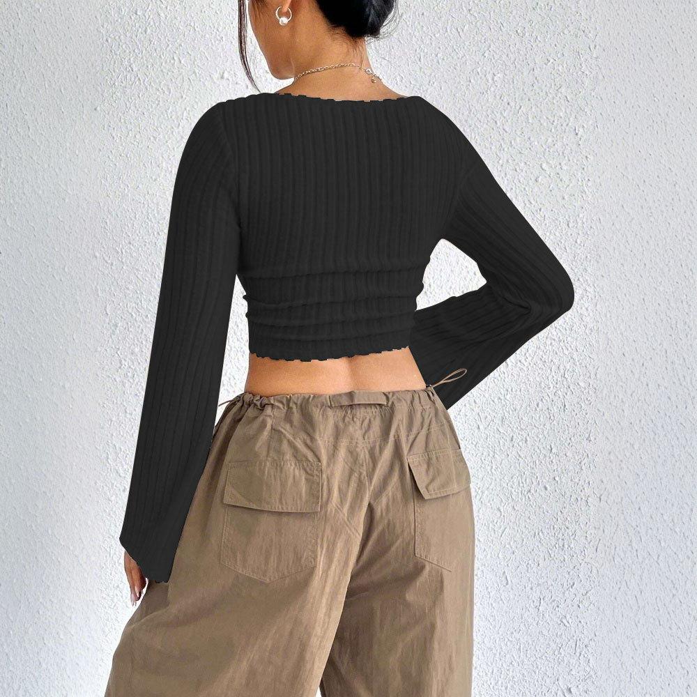 European and American Spring/summer Women's Fashionable Elegant T-shirt, Square Neck Flared Long-sleeve Top
