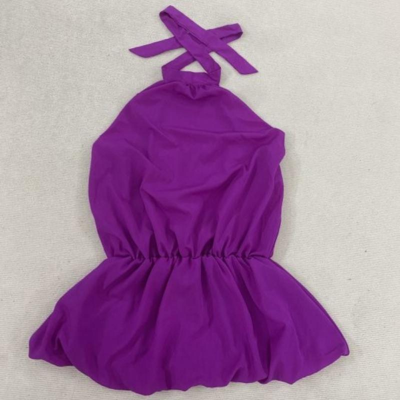 

European and American summer solid color hanging neck, off shoulder, waist cinched and fluffy dress L фиолетовый