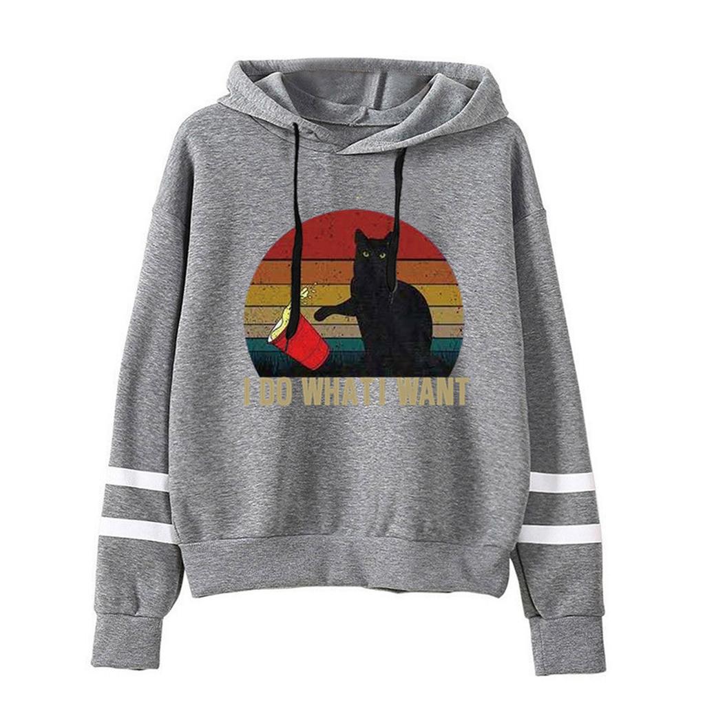 Women' s Casual Fashion   Printed Long Sleeve Pullover Hoodie Two lines Tops