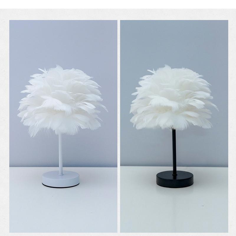 Ins Romantic Feather Table Lamp, Dimmable Bedside Night Light for Bedroom Decor