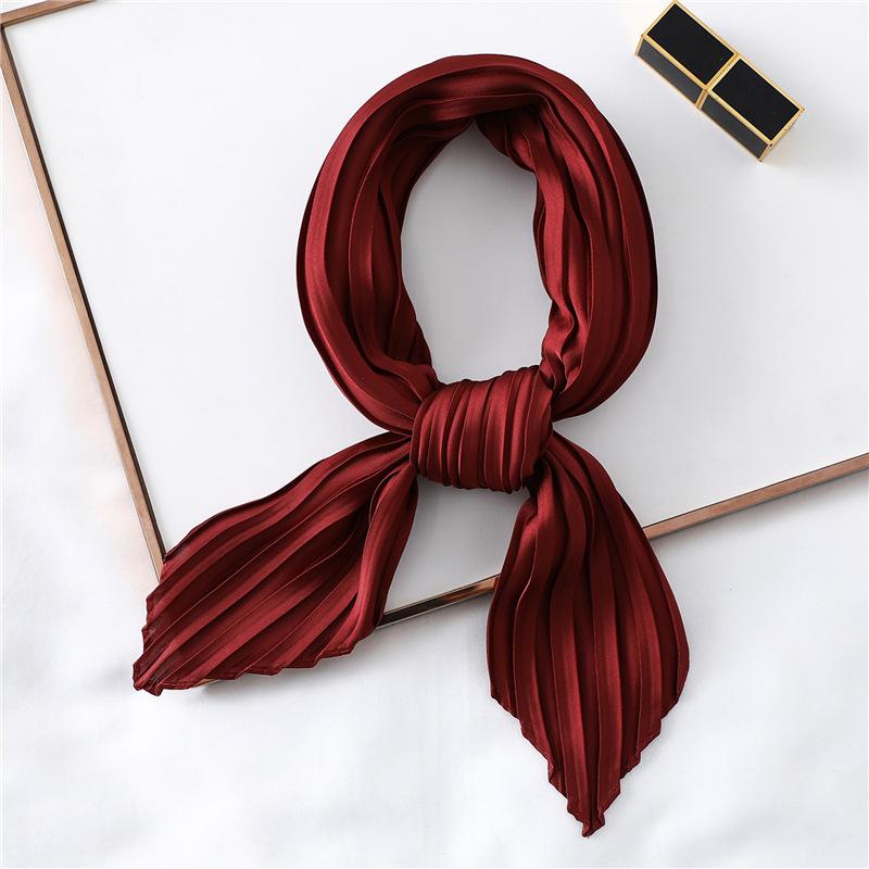 Simple Solid Color Versatile Small Scarf, Pleated Square Scarf, Women'S Season Decoration, Collar Scarf, Pressed Satin Imitation Silk