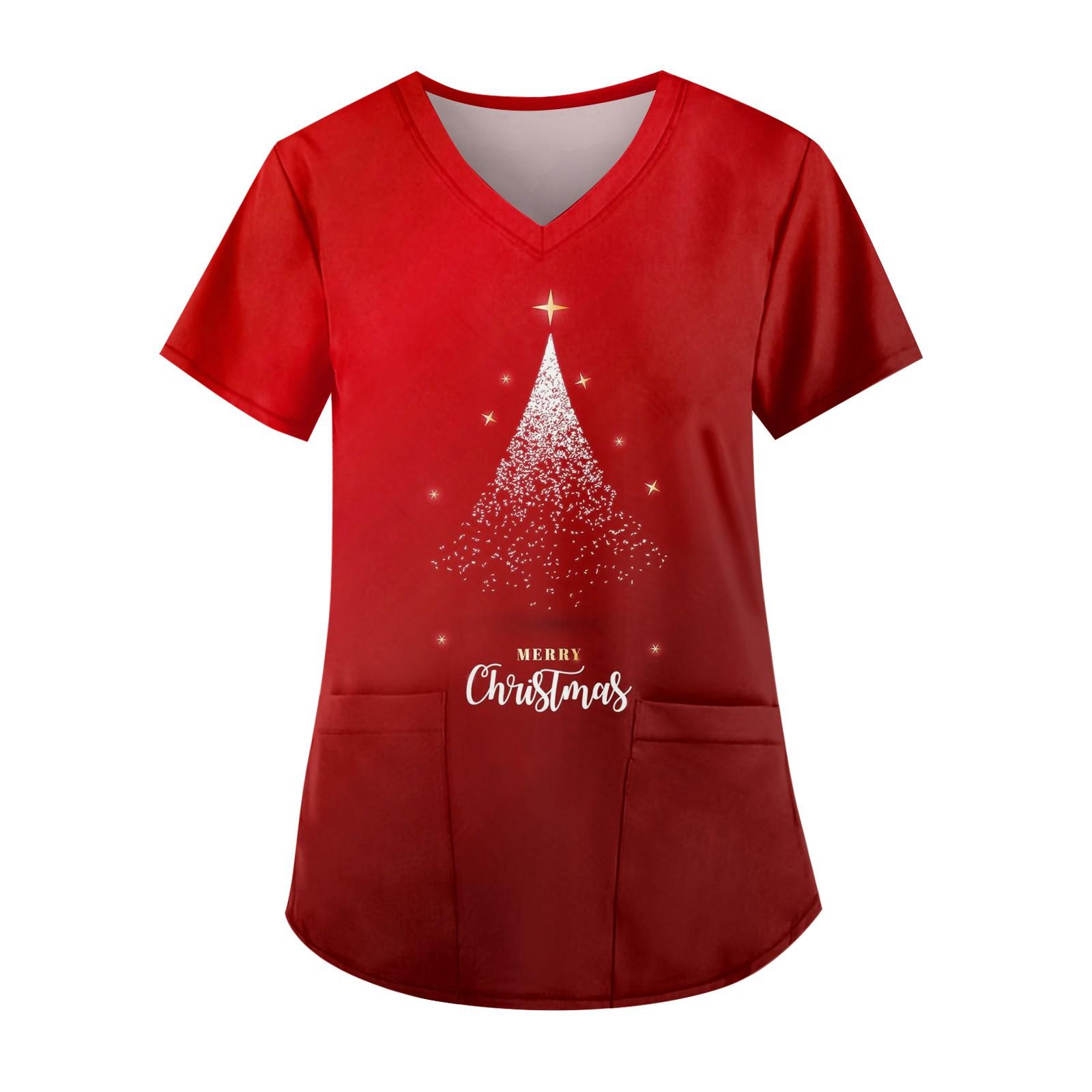 

Женская мода V-образный вырез короткий рукав рабочая одежда с карманом рождественский принт топ S винный