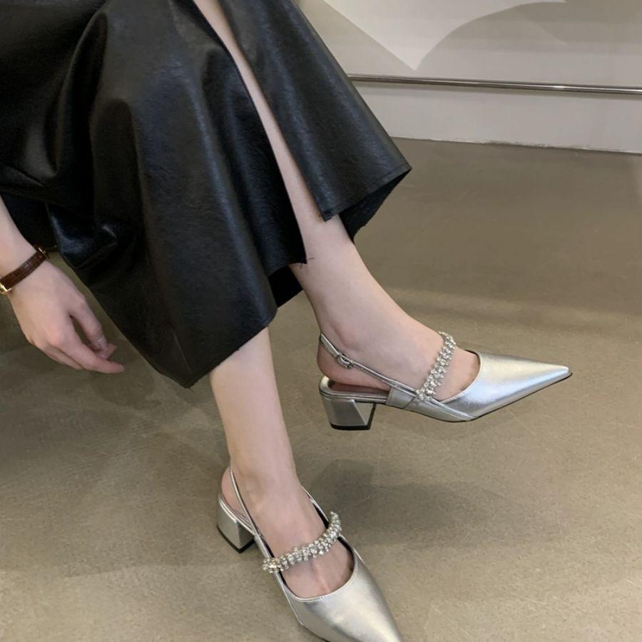 Silver bag head thick heel sandals fairy style 2025 summer vintage Mary Jane shoes rhinestone pointed high heel shoes