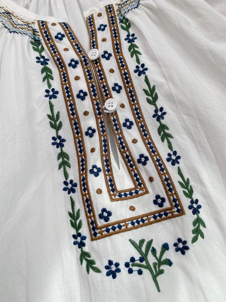 Elegant Ethnic Floral Embroidered Puff Sleeve Shirt for Women