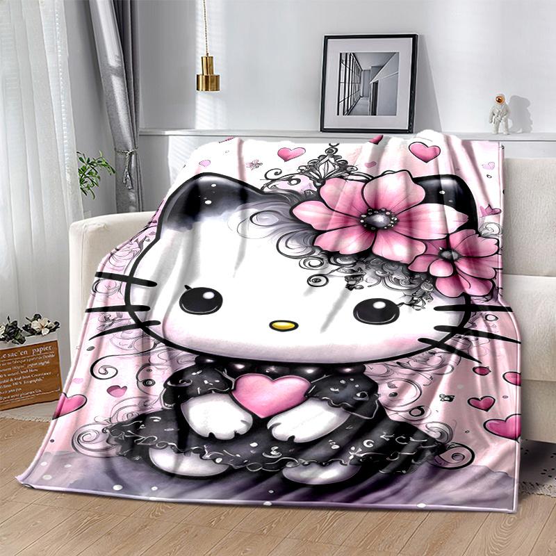 1pc Pink Flowers & Hello Kitty Blanket, Soft Throw for Home Decor, Gift Idea, Suitable for All Seasons, Living Room, Travel, Camping, Car Blankets, Be