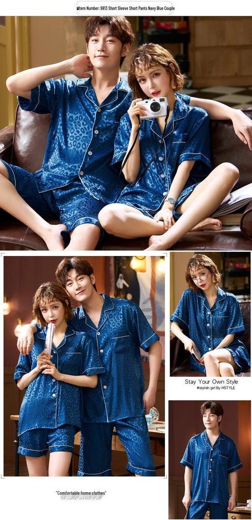 Summer Red Pajama Set for Couples: Ice Silk Zodiac Short Sleeve & Long Pants