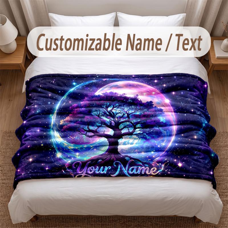 Tree of Life Theme Soft Blanket Personalized Custom Name Text Print Warm Blanket Home Sofa Bedroom Decor