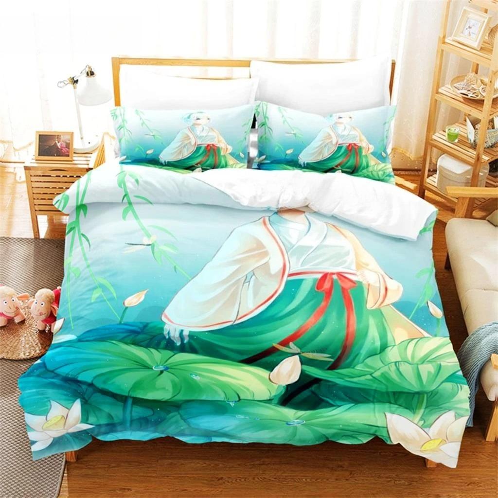 Grüne Blume Bettbezug Set Doppelbett mit Kissenbezug Lotus Bettwäsche Set King Size 3tlg 2tlg Einzel Twin Full 200x200 220x240cm