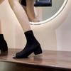 Suede Short Boots Women's 2024 Autumn New Foreign Thick Heel Metal Square Head Middle Heel Elastic Thin Socks Boots