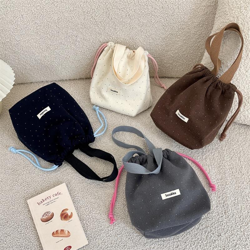 Woolen small polka dot drawstring bundle mouth bag portable small bag going out shopping sundries portable bento bag