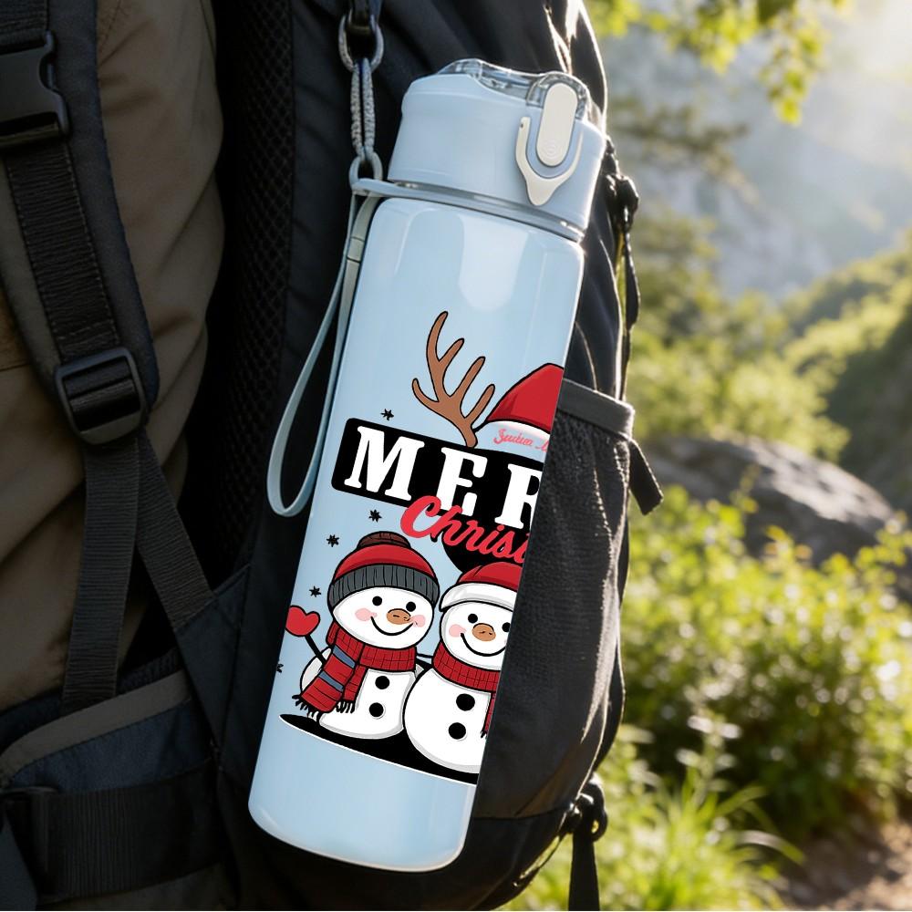 1PC Merry Christmas Snowman Group 750ml Color Plastic Sports Water Bottle Leakproof Flip Straw Lid Suitable for Sports Office Home Use