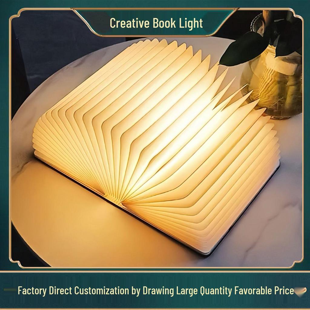 Folding Wooden Book Light: Creative Bedside Wireless Night Lamp