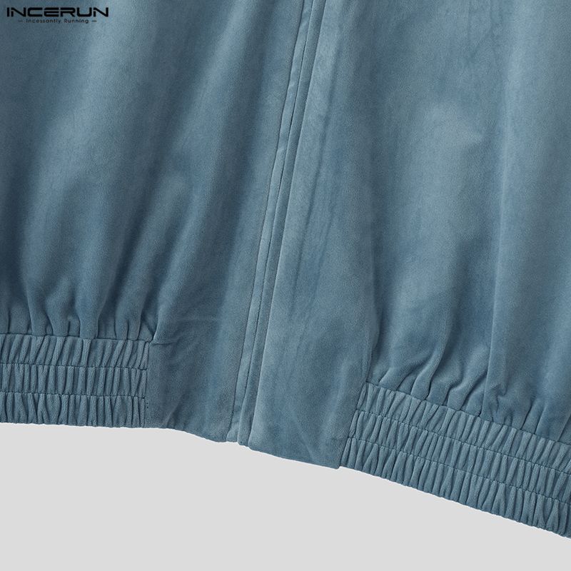 INCERUN Men Lapel Neck Long Sleeve Zip-up Suede Oversized Jackets Coats