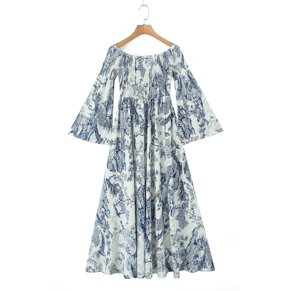 2025 Spring/Summer Women s Slim Fit Off-Shoulder Long-Sleeve Printed Dress Medium цветочные печати