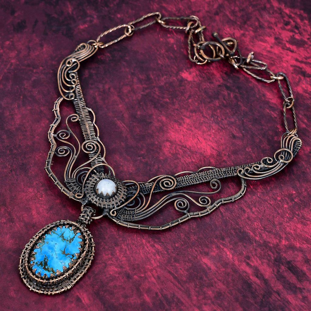 Tibetan Turquoise Gemstone Necklace Copper Wire Wrap Moonstone Jewelry Adjustable Necklace