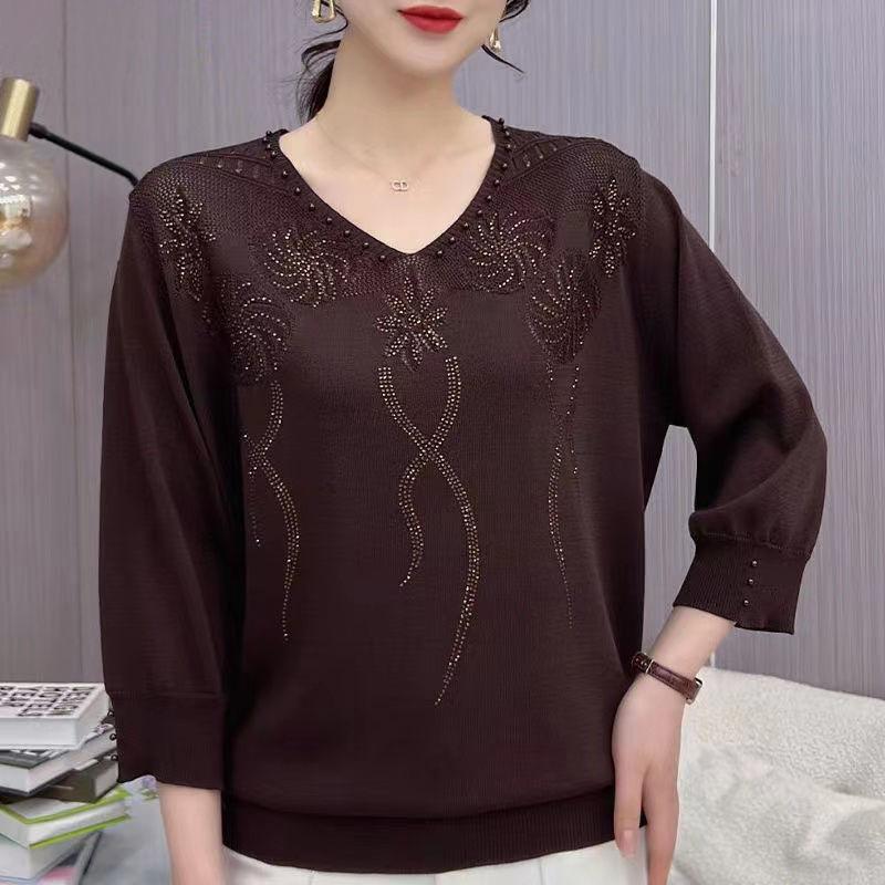 Fashion Knit Top 3/4 Sleeve Mom Wear Lace Up Crystal Pullover Blouse Women
