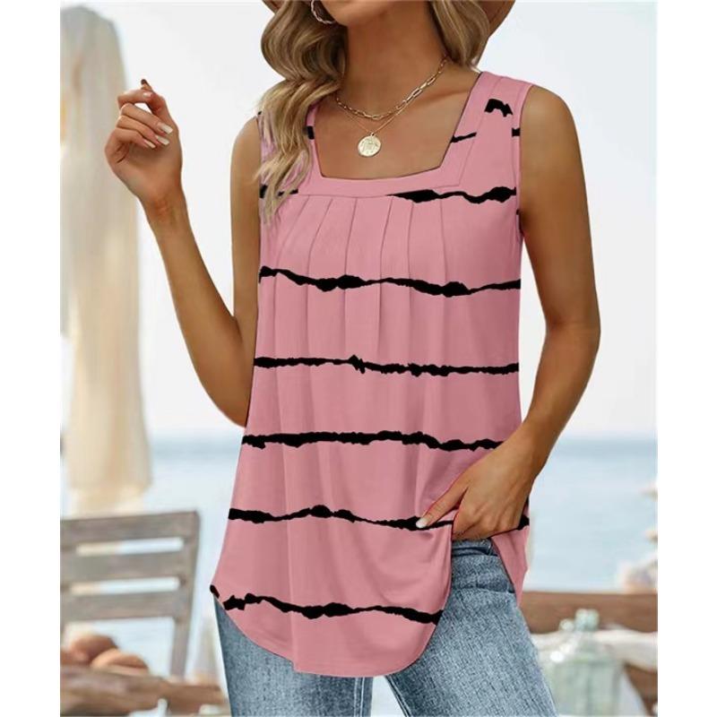 New Summer Sleeveless Square Collar Printed Vest T-shirt for Women