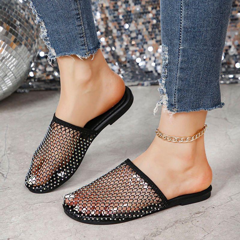 Fashion 2024 Women Summer New Luxury Brand Round Head Slippers Water Diamond Large Flat Sandals Slippers