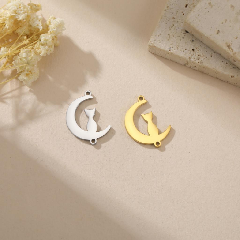 Teamer 3pcs/lot Cute Moon Cat DIY Pendant for Bracelets Gold Color Stainless Steel Kitten Animal Charms for Jewelry Making