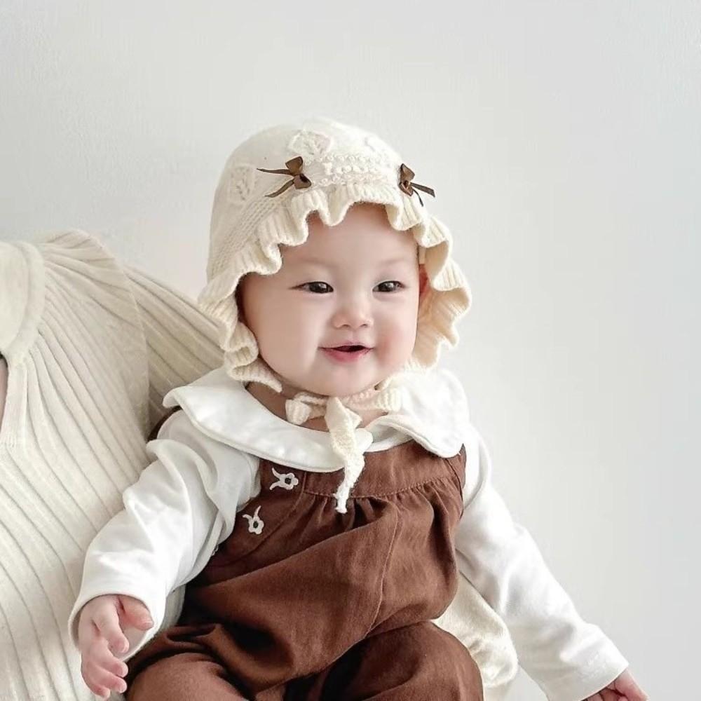 Ruffle Design Newborn Infant Hat Bow Detail Princess Bonnet Hat Soft Warm Hat  For Baby Girls