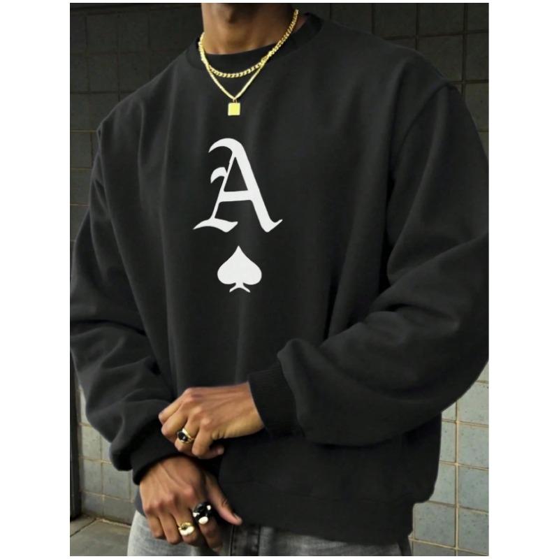 Men'S Ace Of Spades Print Casual Sweatshirt - Long Sleeve Crew Neck, Outdoor Sports And Daily Wear, Stylish, Sporty Casual, Comfortable Fit.