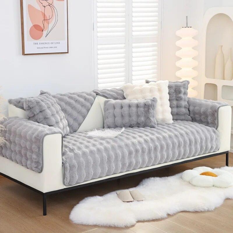 Thicken Imitation Rabbit Fur Plush Sofa Slipcover Non-slip Soft Sofa Towel Couch Cushion for Living Room Modern Home Decor Mat