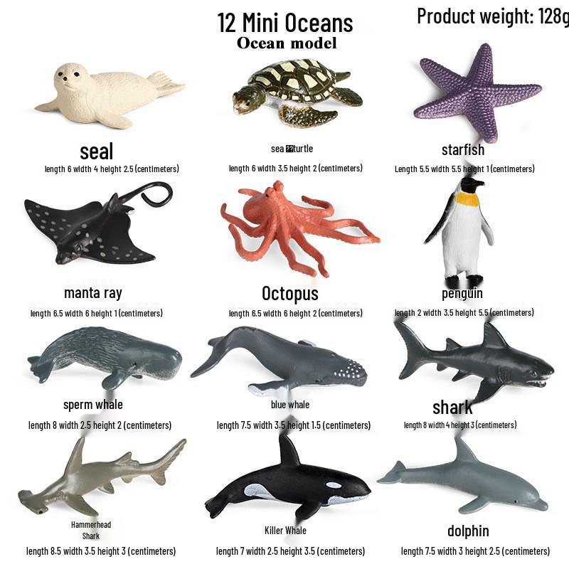 Marine Animal Simulation Model Figures: Shark, Dolphin, Hammerhead, Crab, Squid, Starfish for Kids' Education