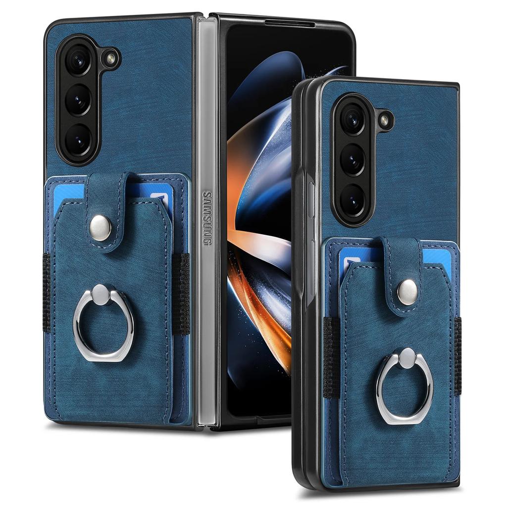 Retro Leather Ring Wallet Case with Card Holder Phone Case for Samsung Galaxy Z Fold 7 6 5 4 3 Fold7 Fold6 Protective Cover