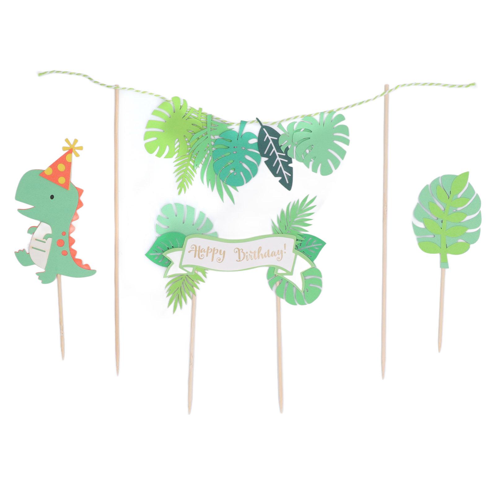 

4 шт. Топпер для торта с динозаврами Зеленый динозавр Пальмовый лист С днем рождения Английская карточка Торт с динозаврами