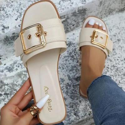 Summer Sandy Beach Sandals Women Shoes Women Slides Personality Buckle Open Toe Wear-resistant Office Flat Slippers