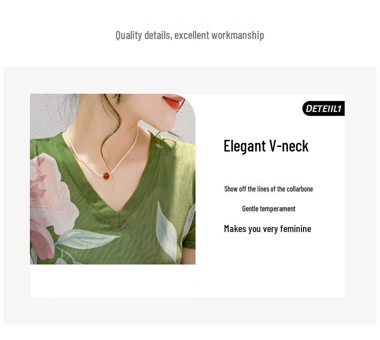 2024 European Summer Fashion: Floral Mesh V-Neck Slim Fit Short-Sleeve Top