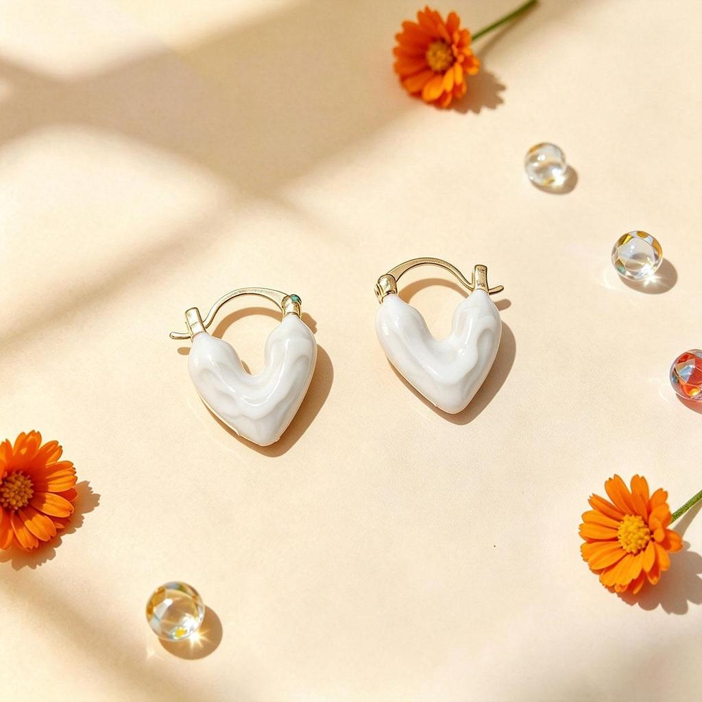 French-style Milk White Heart Ear Clip for Women, Niche Design Earrings, Daily Fashion, Minimalist, Cool Style