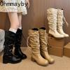 Winter Vintage Tassel Women Knee High Boot Concise Square Heels Shoes Ladies Pleated Knight Long Booties