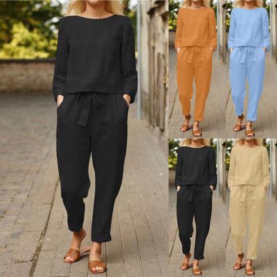 Conjunto de 2 piezas de verano para mujer, manga larga, con botones, pantalones anchos y bolsillos