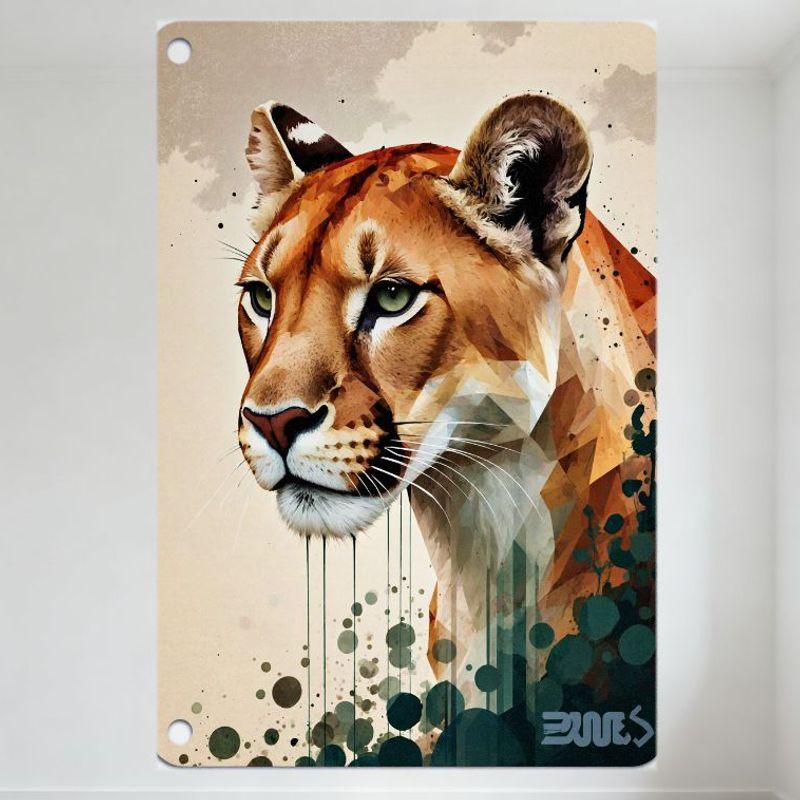 Modern Geometric Lioness Metal Tin Sign, Warm Tones Abstract Animal Wall Decor, Green Eyes, Polygonal Art for Home Club Cafe Bar