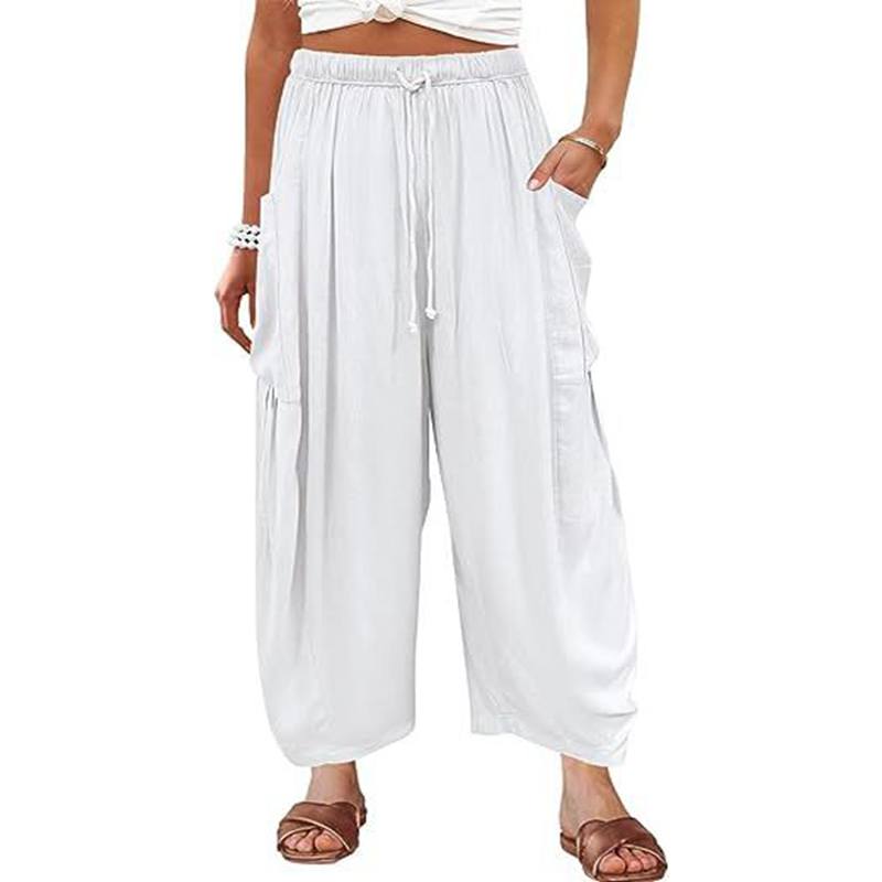 

Летние женские повседневные свободные брюки со складками, пляжные брюки-палаццо с широкими штанинами и эластичным поясом из хлопка и льна, расклешенные S белый