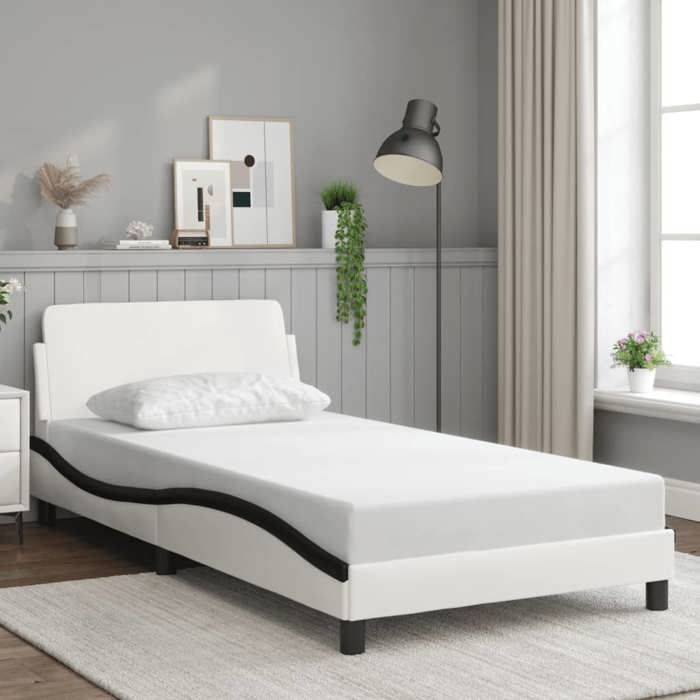 VidaXL Bed Frames and Headboards, Upholstered Bed with Slat Base, Single Bed with Bedroom Feet, White and Black 100x200 373144