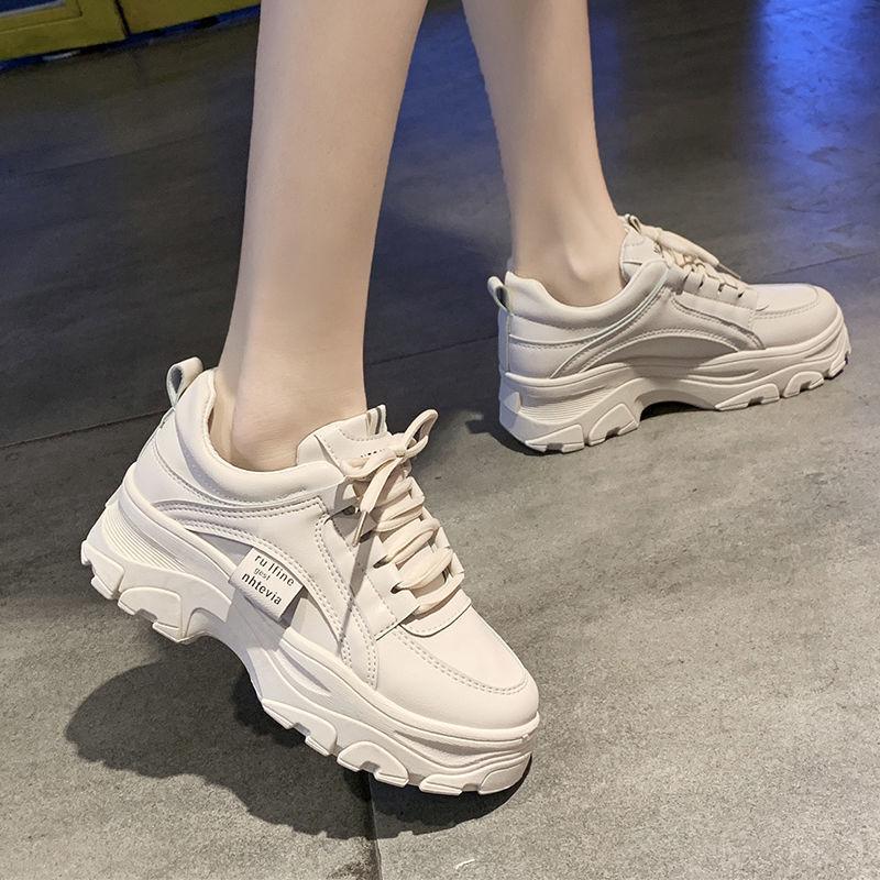 Fashion White Split Leather Women Chunky Sneakers White Shoes Lace Up Tenis Feminino  De Mujer Platform Women Casual Shoe