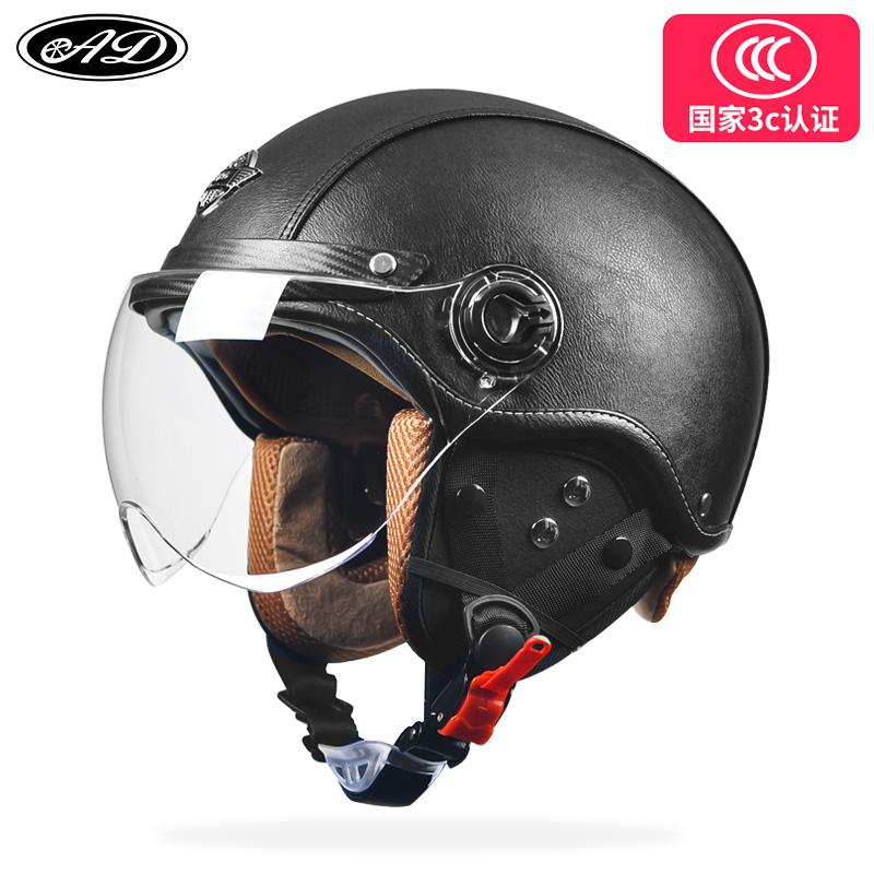 AD Retro Motorcycle Helmets with Harley Visor Leather Helmet for Man Electric Motorbike Vintage Protected Motor Safety Cap