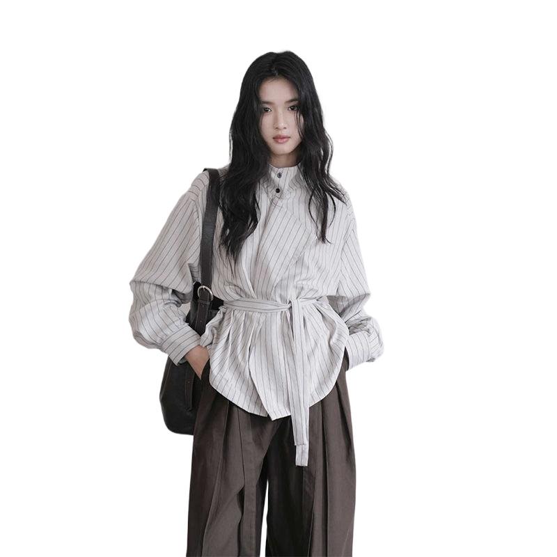 

Женская полосатая рубашка с высоким воротником, французские блузки с завязками на талии, осенний универсальный женский однобортный кардиган One Size светло-серый