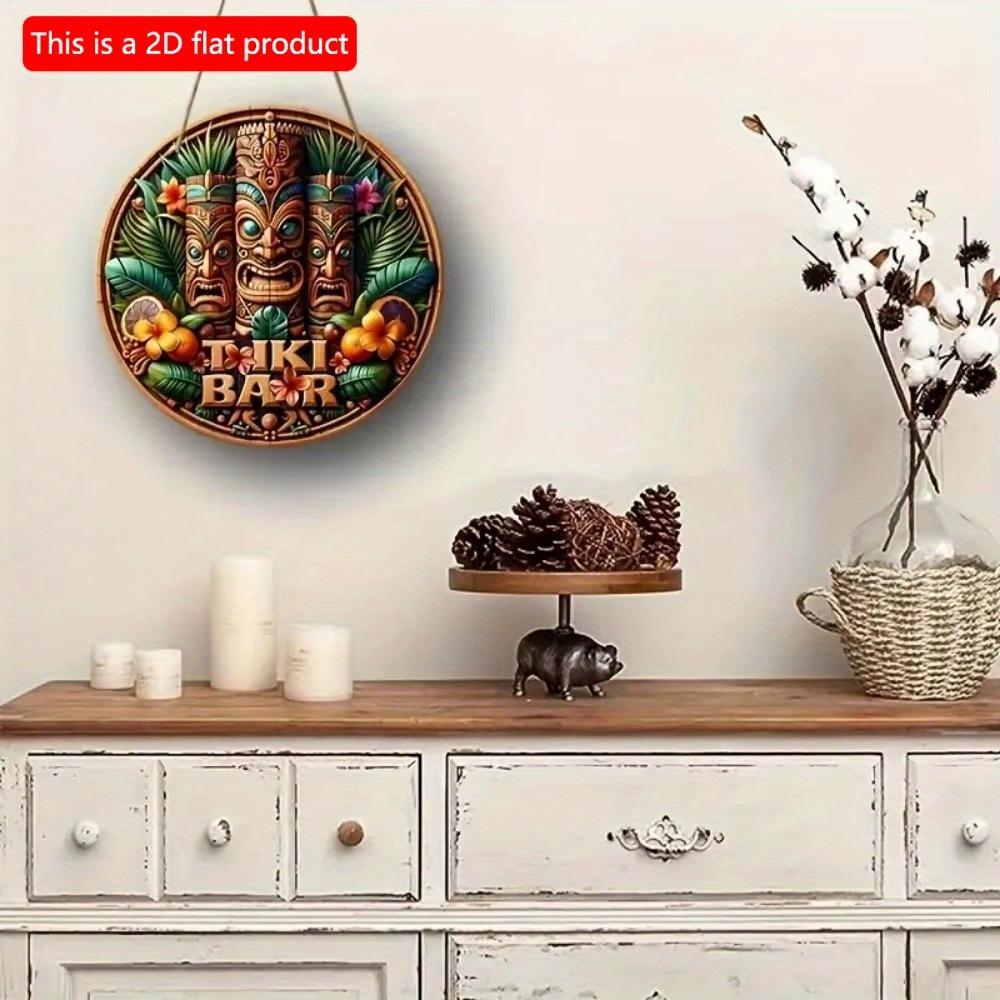 1pc 2d Flat Hawaiian Tiki Mask Bar Sign - 20cm Round Wood Art Decoration for Home, Garage, Cafe, Restaurant, Bar, BBQ, Beach, Resort Decoration