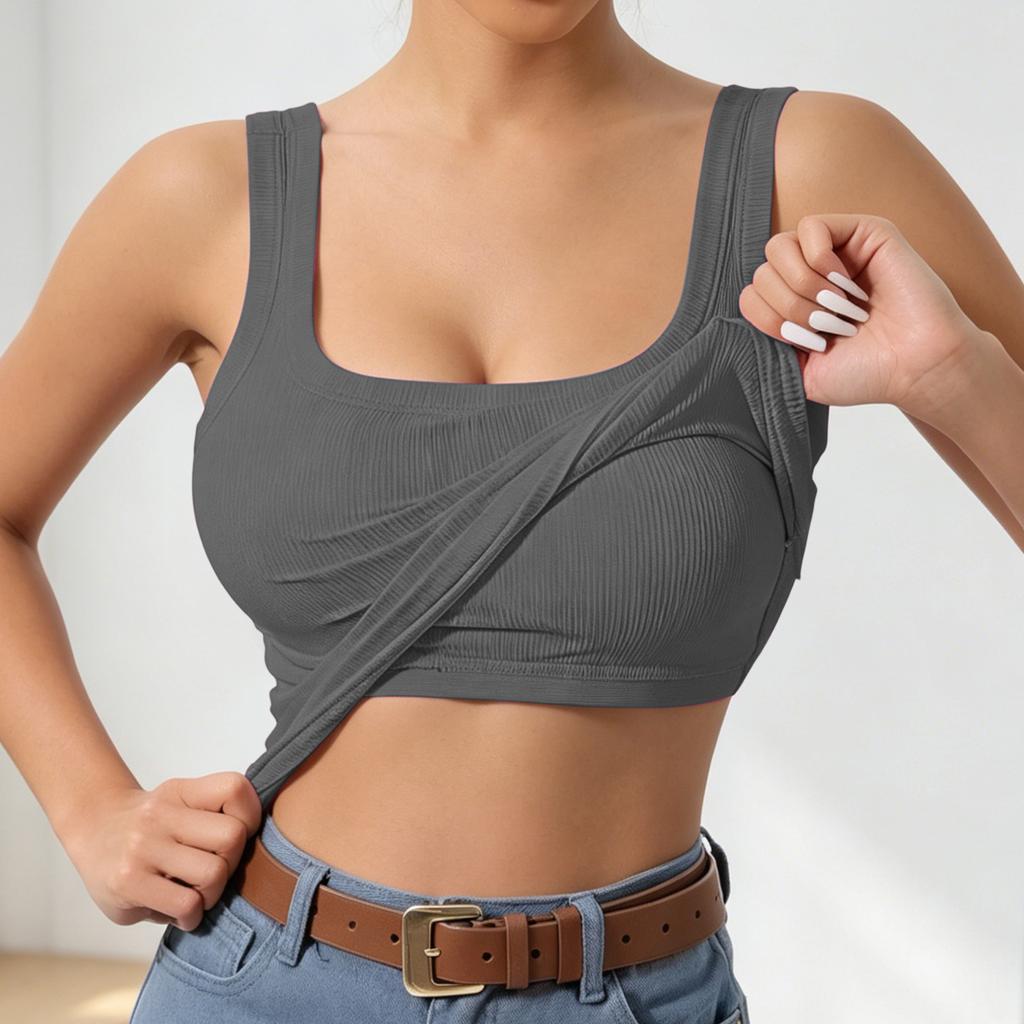 Women's Square Neck Built-in Pads Tank Top Slim Fit Versatile Cami