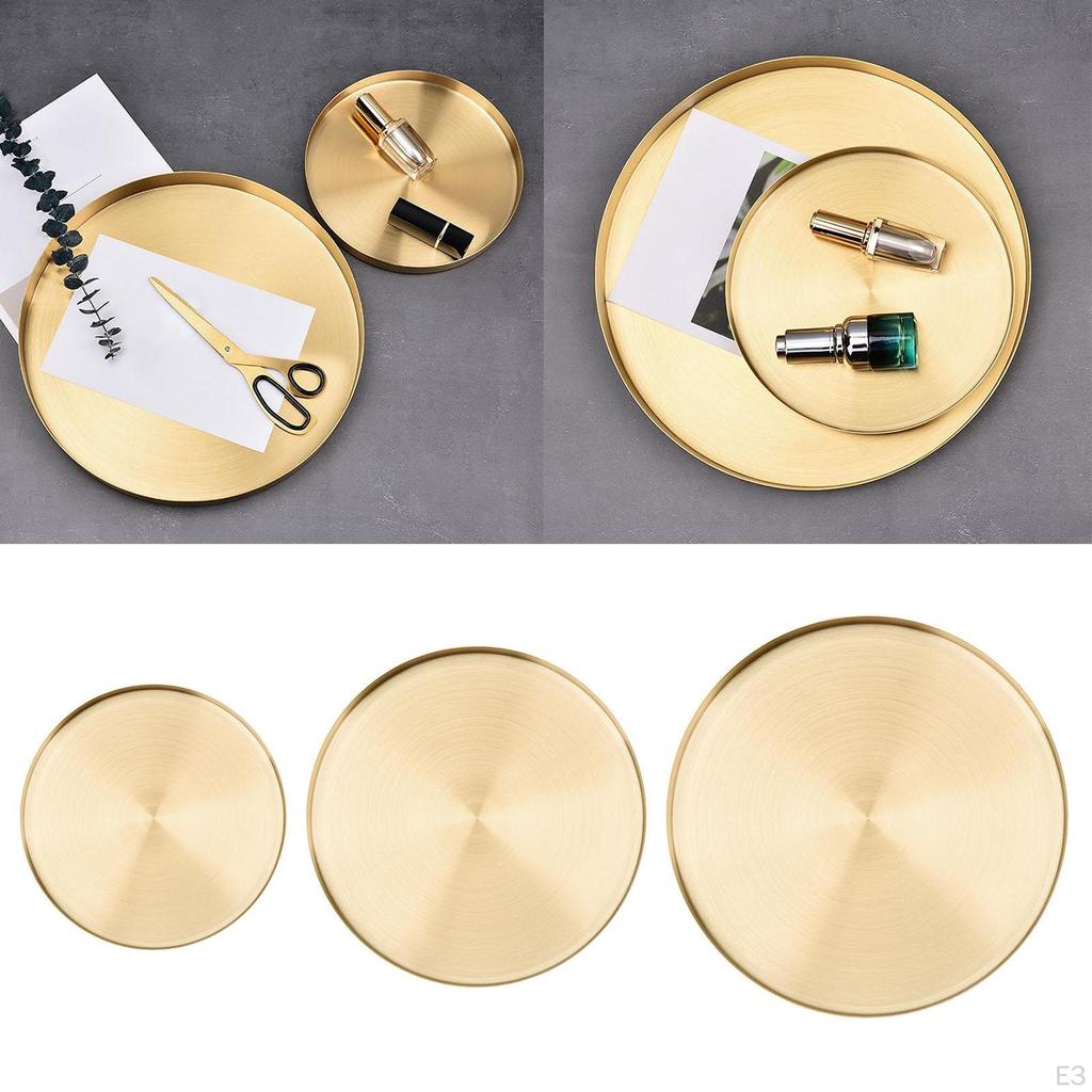 Gold Serving Tray, Round Tray Stainless Steel Platter Bathroom Sink Vanity Trays Cosmetics Jewelry